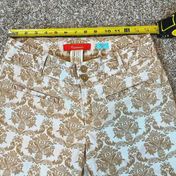 Anthropologie Cartonnier Charlie Ankle Pants | White & Tan Baroque Print Size 4 - Picture 7 of 13